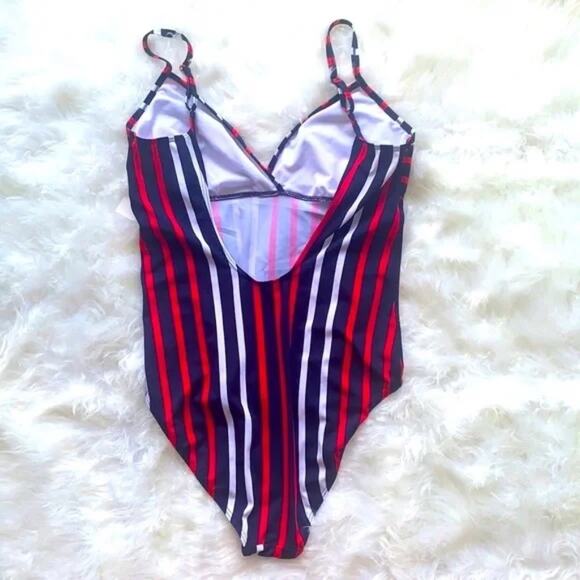Ocean Pacific Striped One Piece Swim Bikini Beach Pool Party Blue Red XL Large - Picture 2 of 4